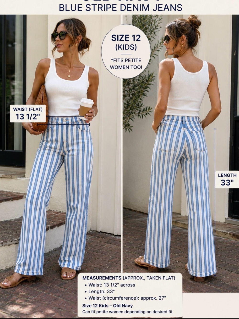 Old Navy Blue & White Striped Wide-Leg Jeans (Kids) 100%cotton .